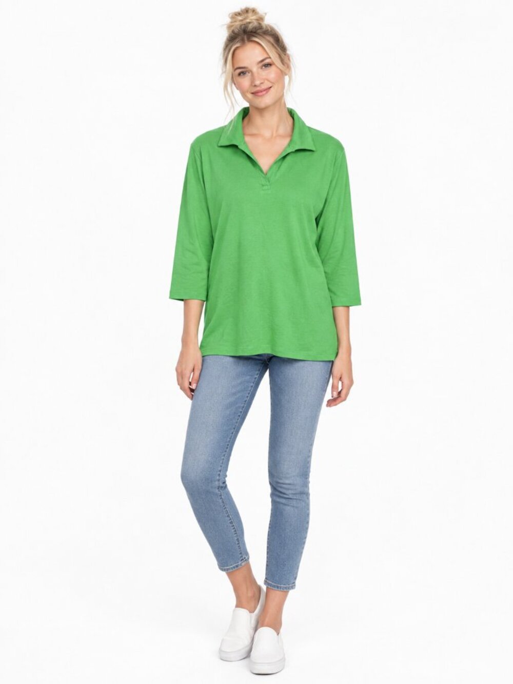 2/$30 Lands' End Long Sleeve Cotton Polo Shirt 3/4 Sleeve Lime Green 1X #A4391